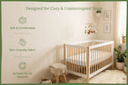 "Baby crib sheets in soft white organic cotton on crib mattress, Elasticized corner of organic baby crib sheet fitted to mattress