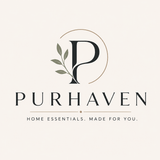 Purhaven logo with a stylized serif letter P, a leaf branch, a thin oval line, and the text 'PURHAVEN' and 'HOME ESSENTIALS. MADE FOR YOU.