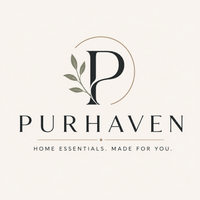 Purhaven logo with a stylized serif letter P, a leaf branch, a thin oval line, and the text 'PURHAVEN' and 'HOME ESSENTIALS. MADE FOR YOU.