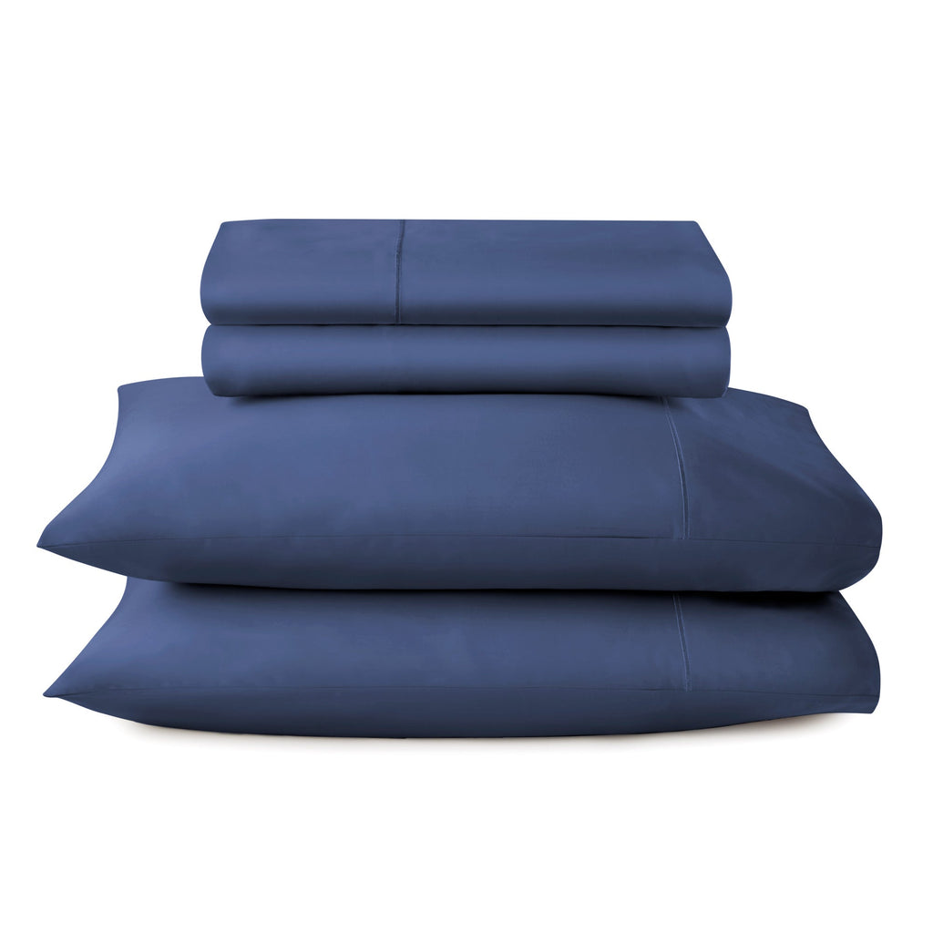 500 TC sateen bed sheets in blue on made bed