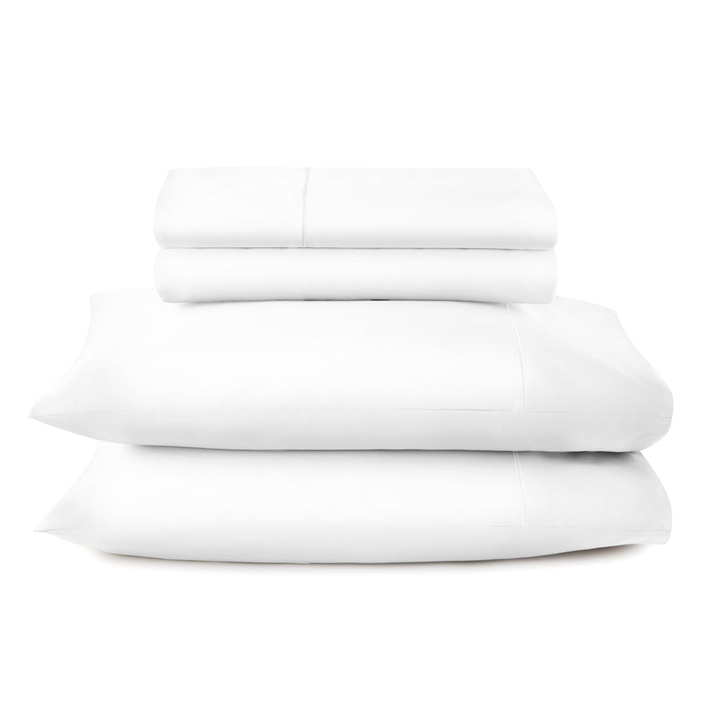 500 TC sateen bed sheets in white on made bed